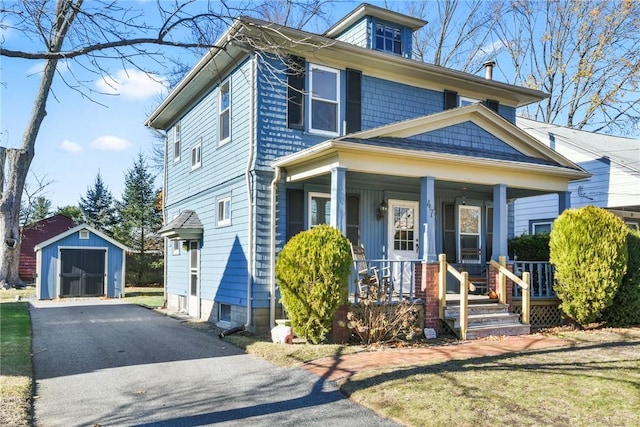 view of front of property with a storage unit and a porch