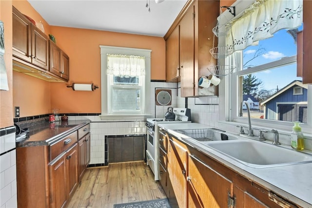 kitchen with stainless steel range, light hardwood / wood-style floors, a wealth of natural light, and sink