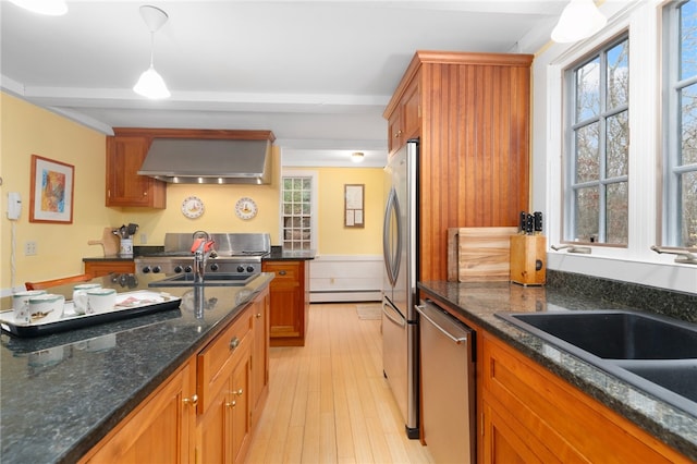 kitchen featuring sink, wall chimney exhaust hood, baseboard heating, light hardwood / wood-style flooring, and appliances with stainless steel finishes