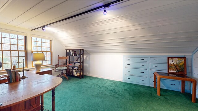 interior space with lofted ceiling and carpet floors