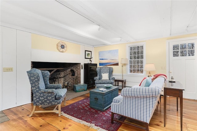 living room with wood-type flooring, rail lighting, beamed ceiling, and baseboard heating