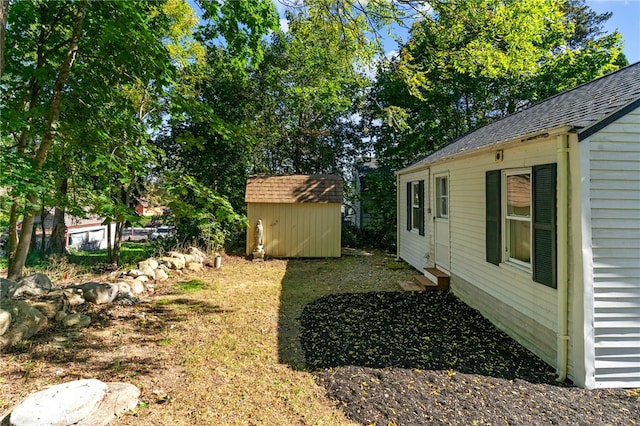 view of yard featuring a storage unit