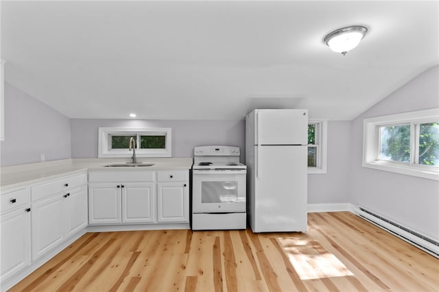 kitchen featuring white appliances, white cabinetry, baseboard heating, and sink