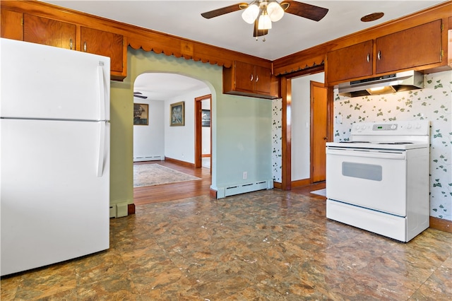 kitchen featuring white appliances, a baseboard radiator, and ceiling fan