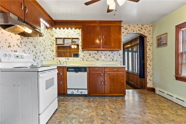 kitchen featuring ceiling fan, white appliances, and a baseboard heating unit