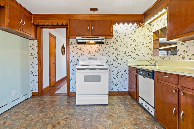 kitchen featuring white appliances, a baseboard radiator, and sink