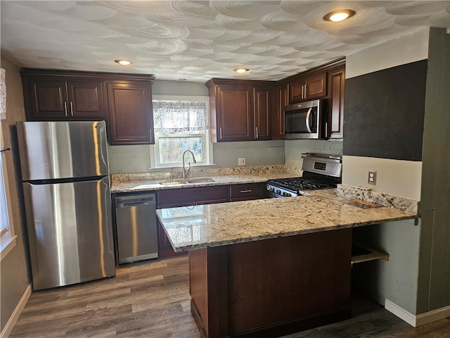 kitchen with kitchen peninsula, stainless steel appliances, light hardwood / wood-style flooring, and sink