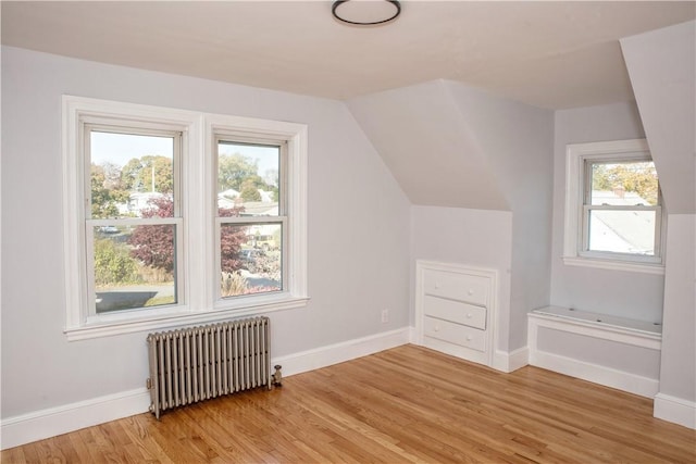 additional living space featuring light wood-type flooring, plenty of natural light, and radiator