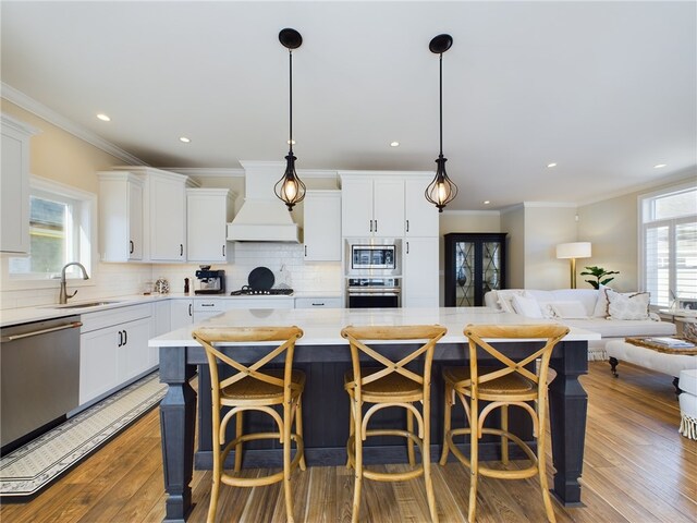 kitchen with hardwood / wood-style floors, premium range hood, white cabinets, sink, and appliances with stainless steel finishes