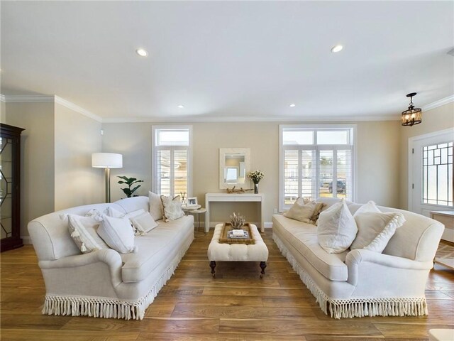 living room with plenty of natural light, an inviting chandelier, dark hardwood / wood-style floors, and ornamental molding