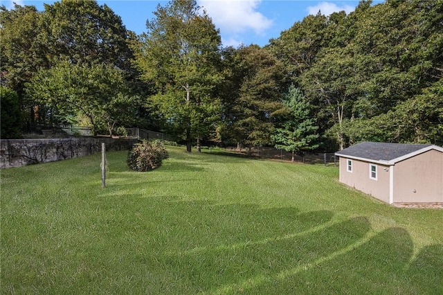 view of yard with a storage shed