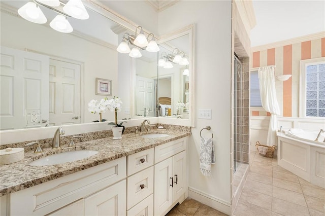 bathroom featuring vanity, tile patterned floors, crown molding, independent shower and bath, and a chandelier