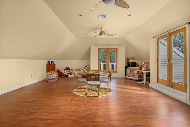 recreation room featuring ceiling fan, plenty of natural light, and french doors