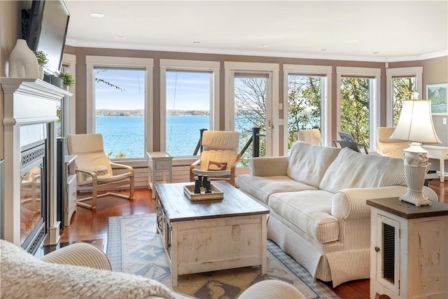 living room featuring hardwood / wood-style flooring, a water view, and a wealth of natural light