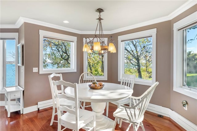 dining area with a water view, a chandelier, dark hardwood / wood-style floors, and ornamental molding