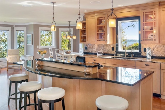 kitchen with a kitchen bar, light hardwood / wood-style flooring, plenty of natural light, and sink