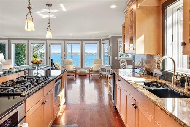 kitchen featuring sink, stainless steel appliances, dark hardwood / wood-style flooring, a water view, and ornamental molding