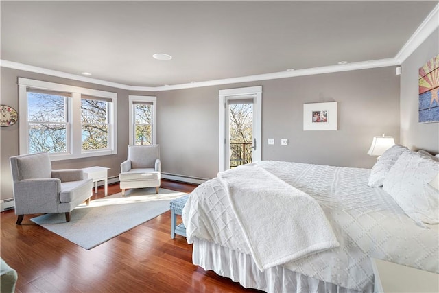 bedroom featuring hardwood / wood-style flooring, access to exterior, ornamental molding, and a baseboard radiator