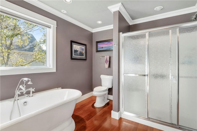 bathroom with separate shower and tub, toilet, wood-type flooring, and crown molding