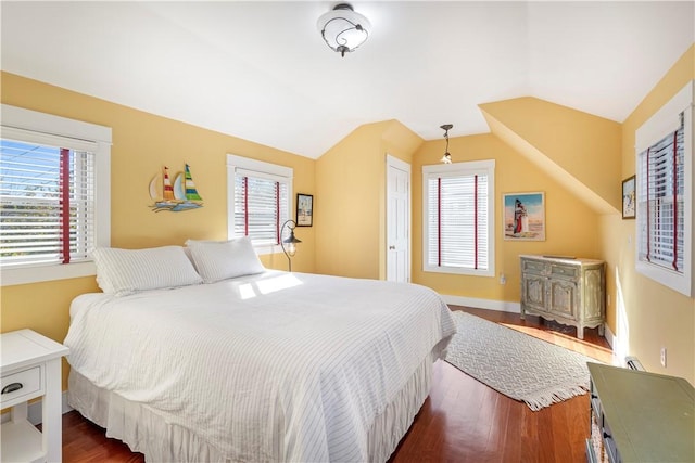 bedroom featuring vaulted ceiling, a closet, and dark wood-type flooring