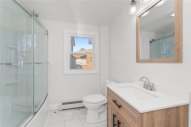 full bathroom featuring vanity, toilet, enclosed tub / shower combo, and baseboard heating