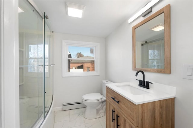 full bathroom featuring vanity, toilet, bath / shower combo with glass door, and baseboard heating