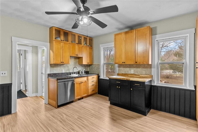 kitchen featuring decorative backsplash, sink, stainless steel dishwasher, and light wood-type flooring