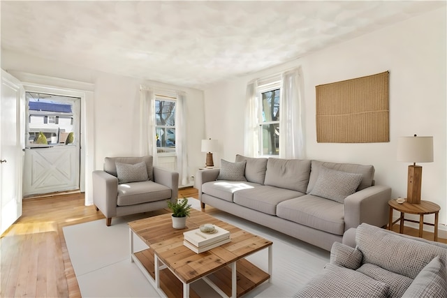 living room with a wealth of natural light and light hardwood / wood-style floors