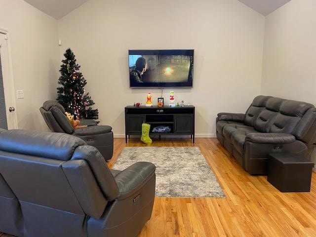 living room with light hardwood / wood-style floors and vaulted ceiling