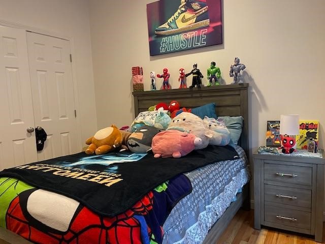 bedroom featuring wood-type flooring and a closet