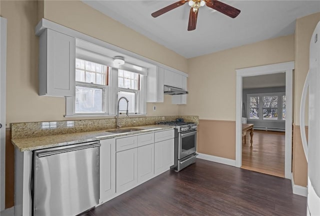 kitchen featuring dark wood-type flooring, white cabinets, sink, ceiling fan, and stainless steel appliances