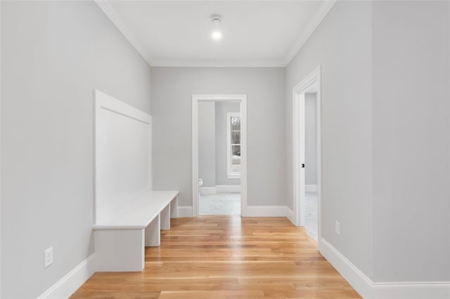 mudroom featuring crown molding and light hardwood / wood-style flooring