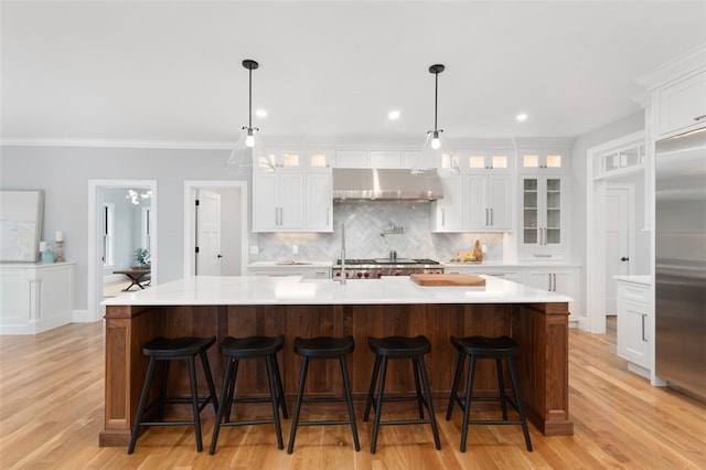 kitchen featuring white cabinets, a large island with sink, and light hardwood / wood-style flooring