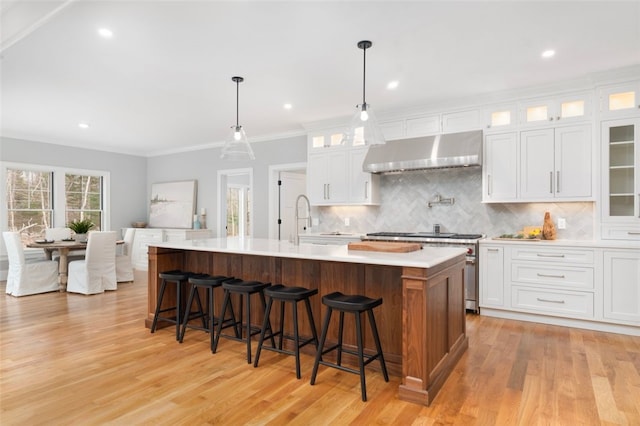 kitchen featuring white cabinets, light wood-type flooring, ventilation hood, and an island with sink