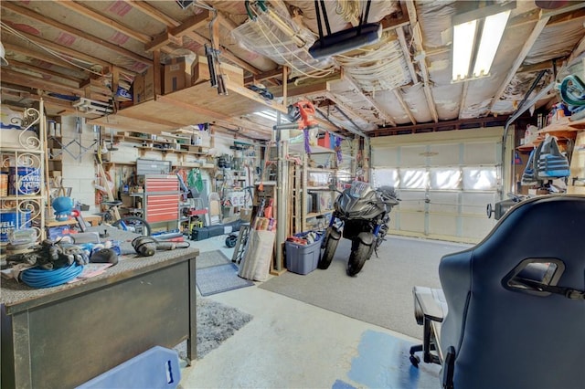 garage with a workshop area