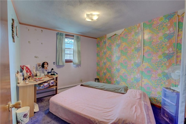 carpeted bedroom featuring a textured ceiling and crown molding