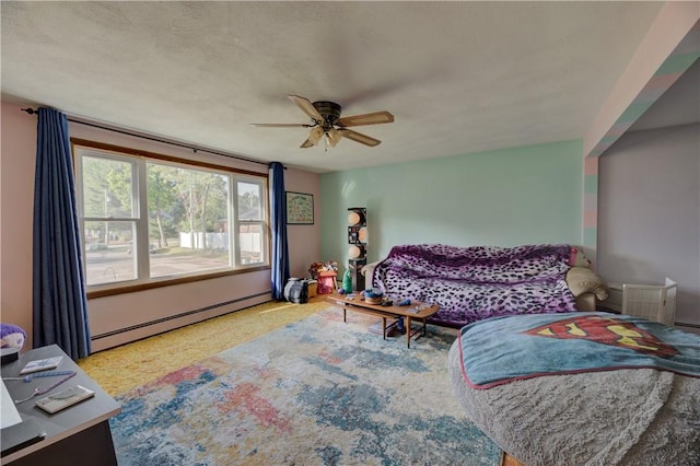 carpeted living room with baseboard heating, ceiling fan, and a textured ceiling