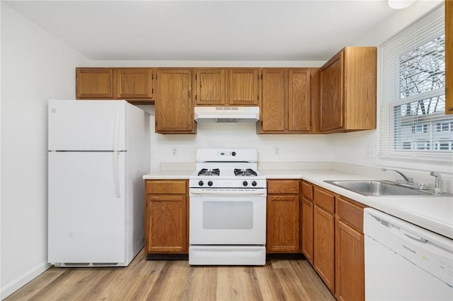 kitchen featuring light wood-type flooring, white appliances, and sink