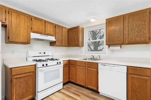 kitchen with light wood-type flooring, white appliances, and sink