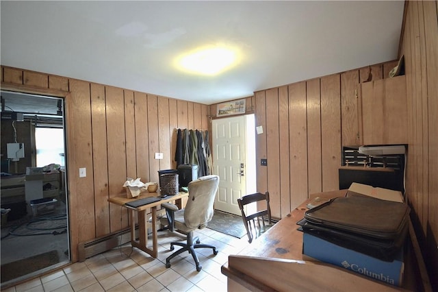 home office featuring wooden walls