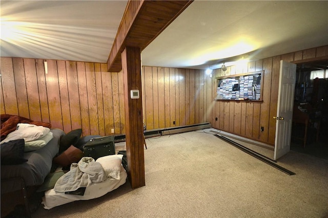 interior space featuring light carpet and wood walls