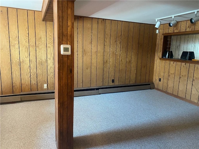 spare room with rail lighting, carpet, and wood walls