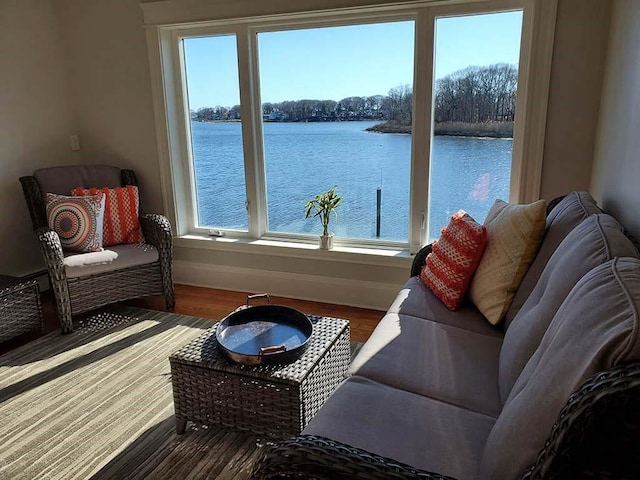 interior space featuring a water view