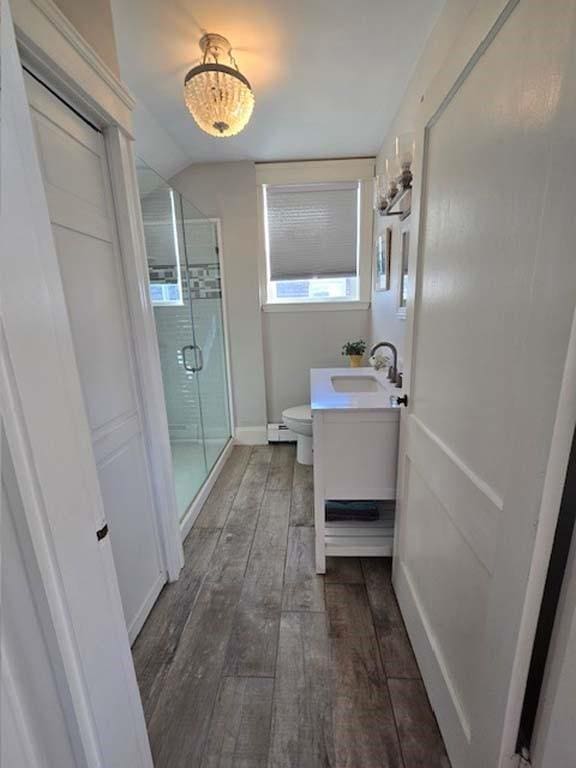 bathroom featuring walk in shower, toilet, vanity, and hardwood / wood-style flooring