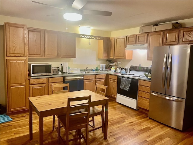 kitchen with sink, light hardwood / wood-style flooring, ceiling fan, and appliances with stainless steel finishes