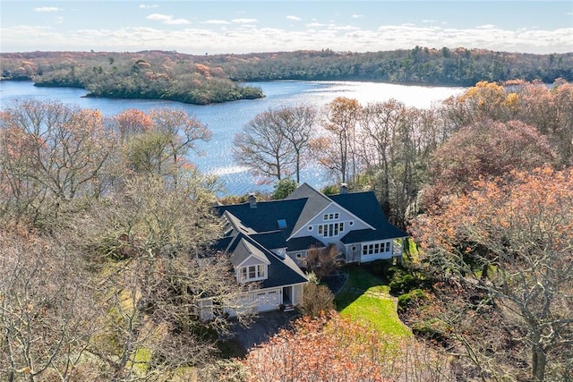 drone / aerial view featuring a water view