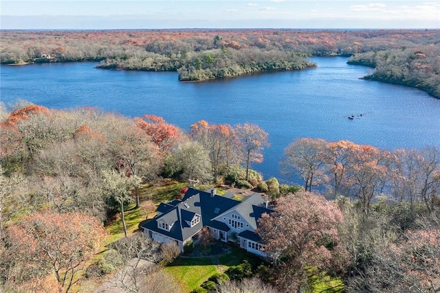 drone / aerial view featuring a water view