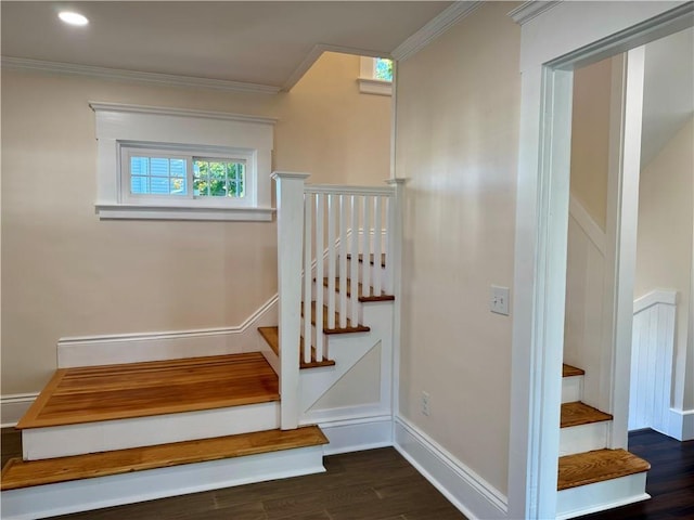 staircase with hardwood / wood-style floors and crown molding