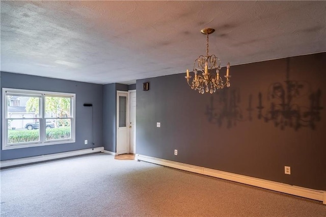 empty room featuring carpet, an inviting chandelier, a textured ceiling, and a baseboard radiator