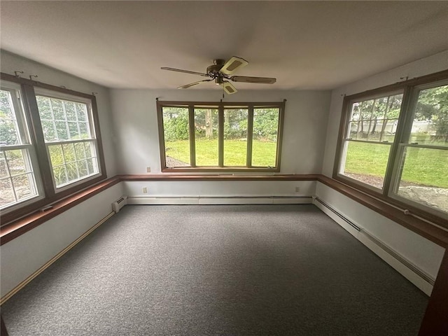 unfurnished sunroom with a wealth of natural light, ceiling fan, and a baseboard radiator